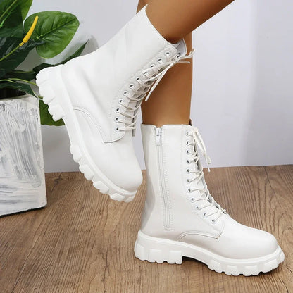 2024 Women's PU Leather Motorcycle Ankle Boots – White Chunky Heel Platform Booties for Autumn & Winter