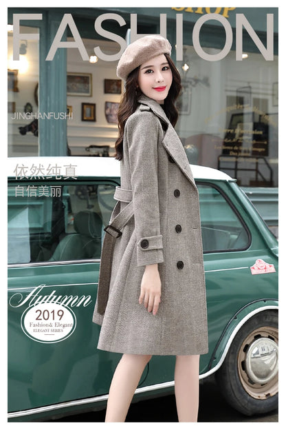 Korean Wool Blends Women Coats Lapel Double-Breasted Lined Trench Belt Ladies St