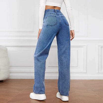 Calça jeans feminina reta de cintura alta, streetwear lavado, bolsos soltos, co