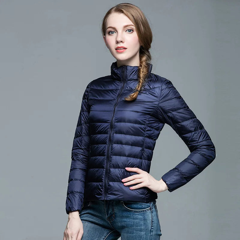 Parka para baixo empacotável feminina, jaqueta puffer empacotável, casaco casu