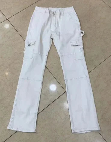 Jeans jeans feminino com elástico de cintura alta, calça cargo monocromática,