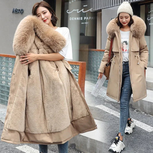 Women's Wool Hooded Jacket with Faux Fur Collar, Long Coat, Thick Warm Winter Snow Parka, Fashionable 2024 Winter Coat