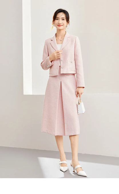 SENTUBILA Pink Elegant Cropped Tweed Jacket 2024 Spring Notched Single Breasted