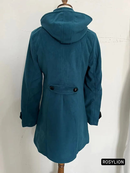 Ladies Green Woolen Jacket Mid-length Long Wool Hooded Double-breasted Cloak Win