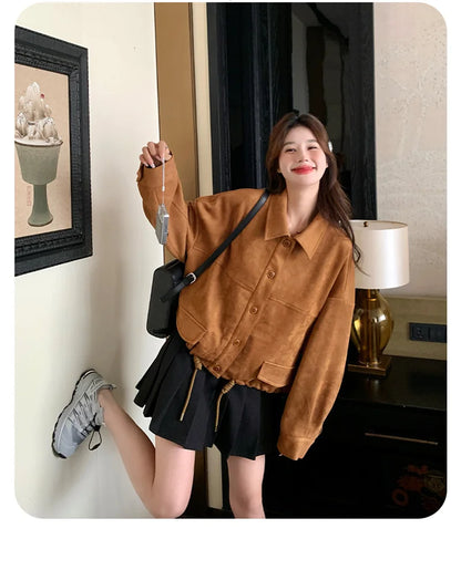 Retro Suede Short Jacket for Women in Spring and Autumn 2024 New Loose Fitting C