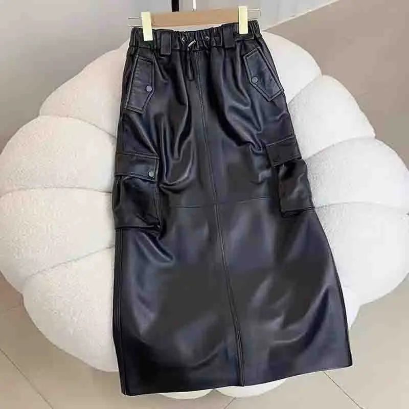 Autumn Winter Real Leather Long Skirt Black Skirt with Pockets Women Casual High