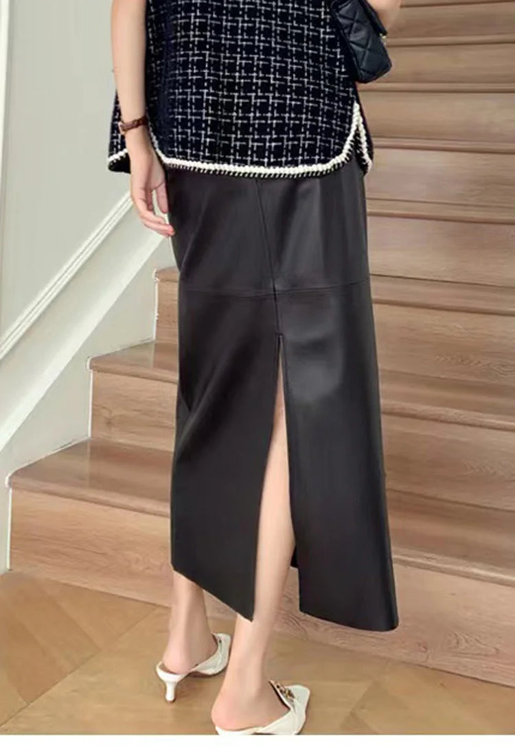 2023 Autumn/Winter Women Leather Maxi Skirt Feminino High End Vintage Back Split