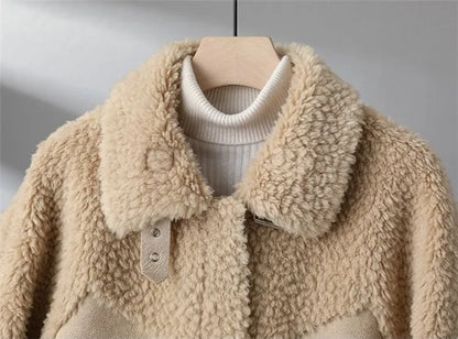 Casaco de lã de cordeiro curto feminino, jaqueta shearling granular, gola virad