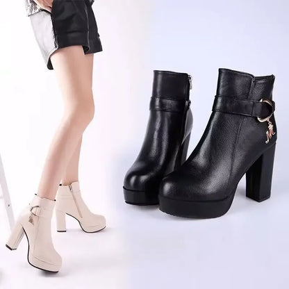 2024 Women's Genuine Leather Winter Booties – Fashionable High-Heel Platform Ankle Boots for Office & Dress