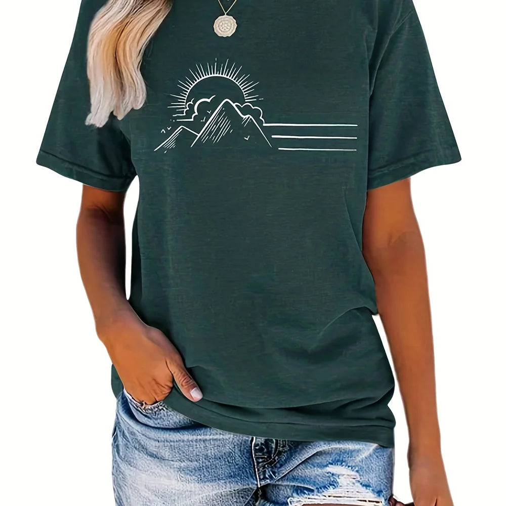 Women's Trendy Summer T-Shirt – Loose Round Neck Top with Mountain Sun Print for Casual & Party Wear