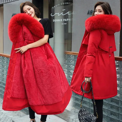 Women's Wool Hooded Jacket with Faux Fur Collar, Long Coat, Thick Warm Winter Snow Parka, Fashionable 2024 Winter Coat