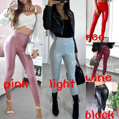 S-3Xl  Wet Look Leather Leggings Women High Waist Leggings Stretch Slim Red Black Legging Fashion Pu Pants Women