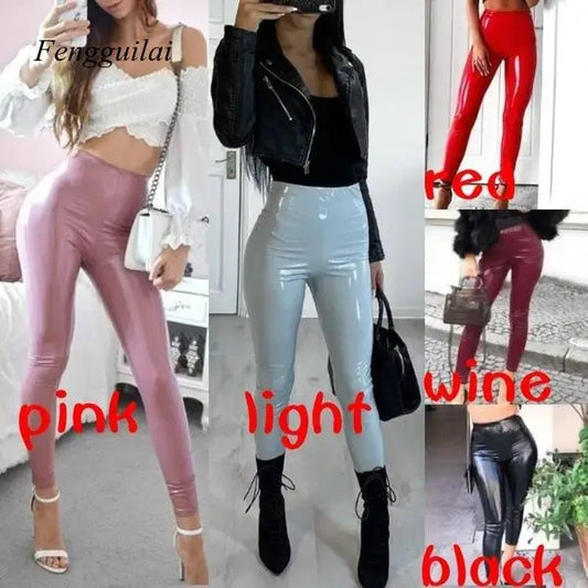 S-3Xl  Wet Look Leather Leggings Women High Waist Leggings Stretch Slim Red Black Legging Fashion Pu Pants Women