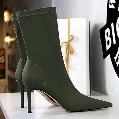 Women's Silk Sock Boots – 7.5cm/10cm Satin Pointed Toe Winter Ankle Booties in Green, Sexy Low Heels