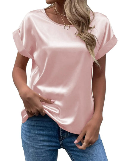 New Women's Satin T-Shirt – Loose, Short-Sleeve Round-Neck Casual Colored Top for Spring & Summer