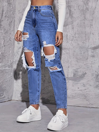 Jeans retrô americano furado para mulheres, cintura alta, virilha reta, solto,