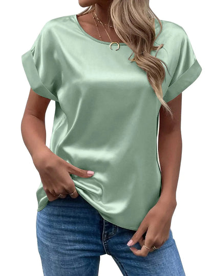 New Women's Satin T-Shirt – Loose, Short-Sleeve Round-Neck Casual Colored Top for Spring & Summer