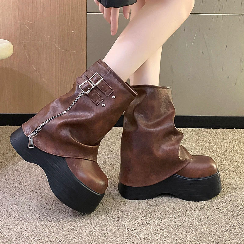 2024 Women's Soft Leather Mid-Calf Boots – High Platform Wedge Chunky Motorcycle Booties for Winter & Autumn (9CM Heel)