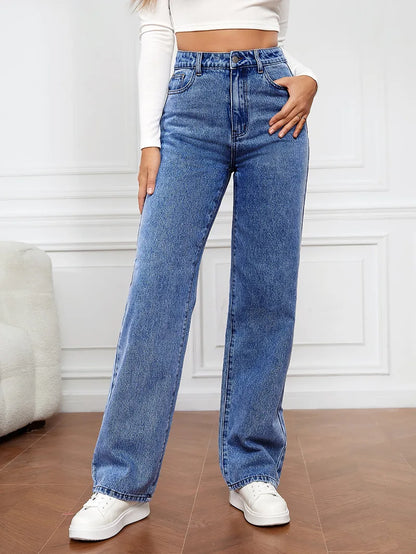 Women’s High-Waisted Straight-Leg Stretch Jeans - Washed Button-Zip Denim, Trendy Spring/Summer 2022 Fashion