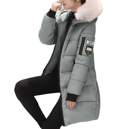 Women's Winter Fashion Cotton Parka, Thick Quilted Hooded Mid-Length Coat, Warm Zip-Up Slim Fit Down Jacket