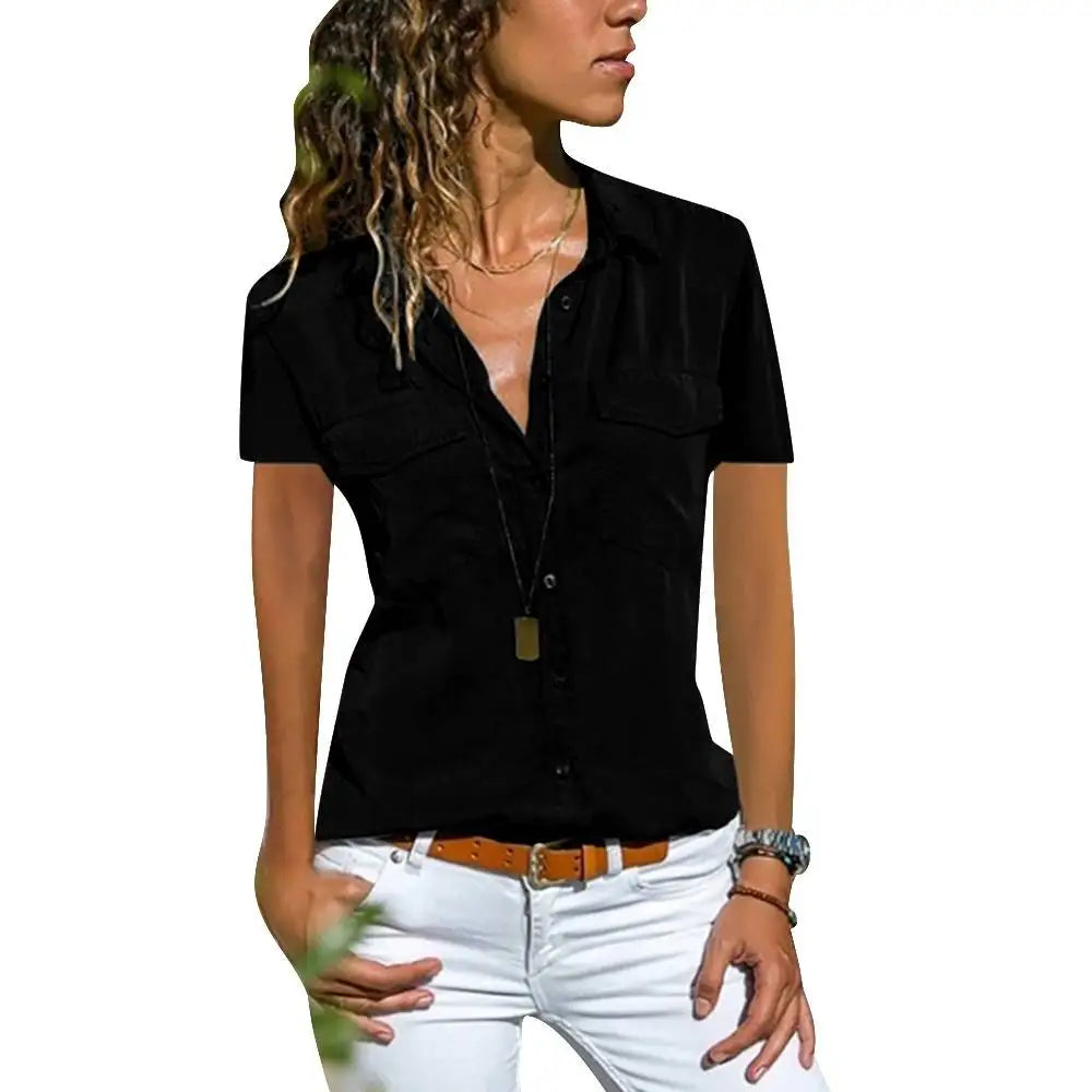 2024 Summer Elegance: Short-Sleeve V-Neck Blouse for Women – Versatile, Chic & Office-Ready