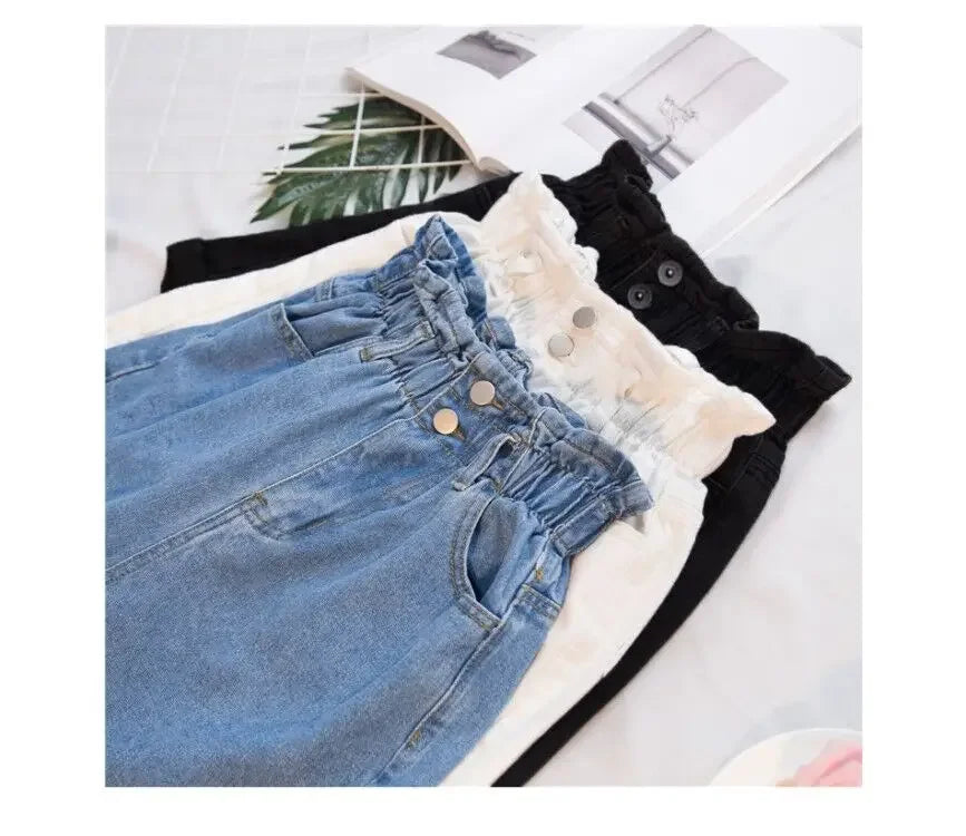 Y2k Summer Black Women Denim Shorts Women S-5XL Harem Ruffled White Blue High Waisted Shorts Female Elastic Short Jeans