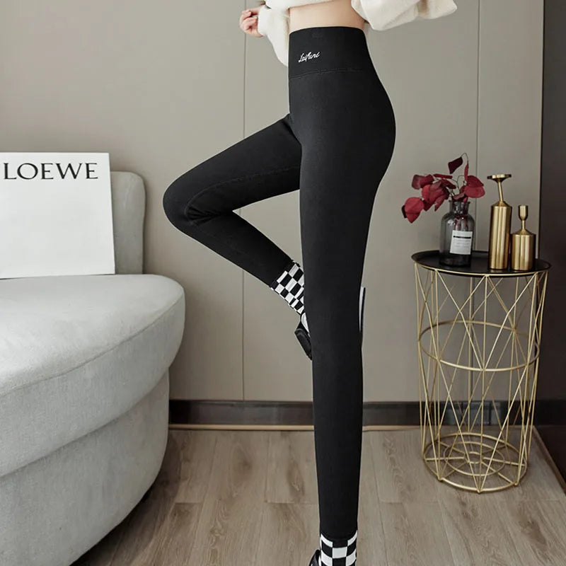 Thickened and Padded Warm Bottoms Winter Women's Outside Wear High-Waisted Peach Hip Solid Color Elastic Threaded Cotton Pants