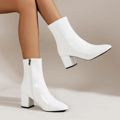 2024 Women's White Ankle Boots – Fashionable Pointed Toe Short Boot with Side Zipper, Stretch Fit & Mid Heel (Large Sizes Available)