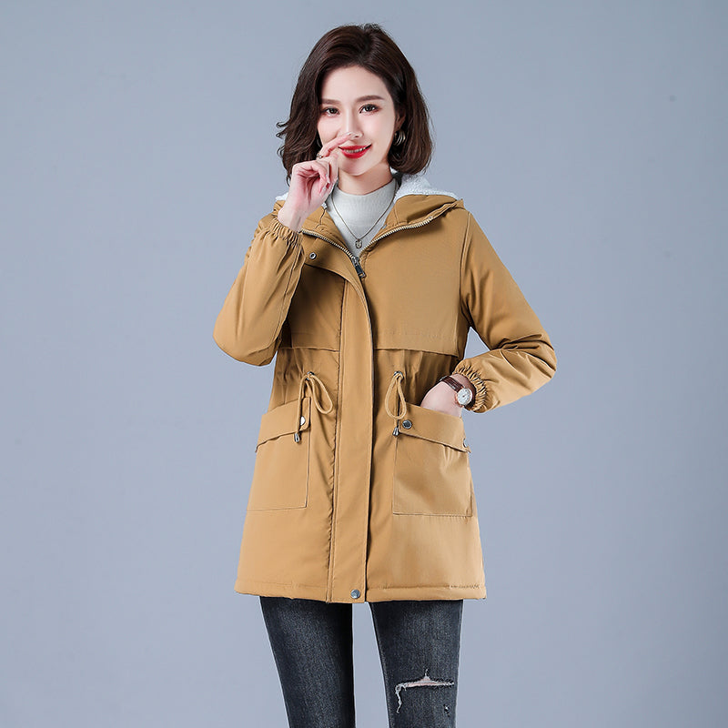 Women's Casual Cotton Parka with Fleece Lining, Hooded Trench Coat, Warm Puffer Jacket, Winter Outerwear