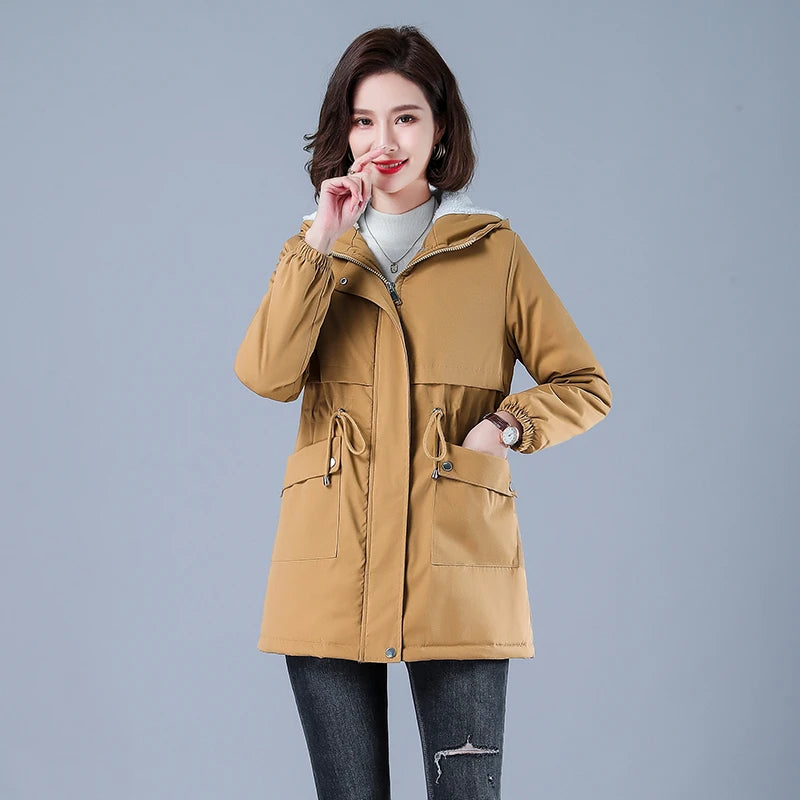 Women's Casual Cotton Parka with Fleece Lining, Hooded Trench Coat, Warm Puffer Jacket, Winter Outerwear