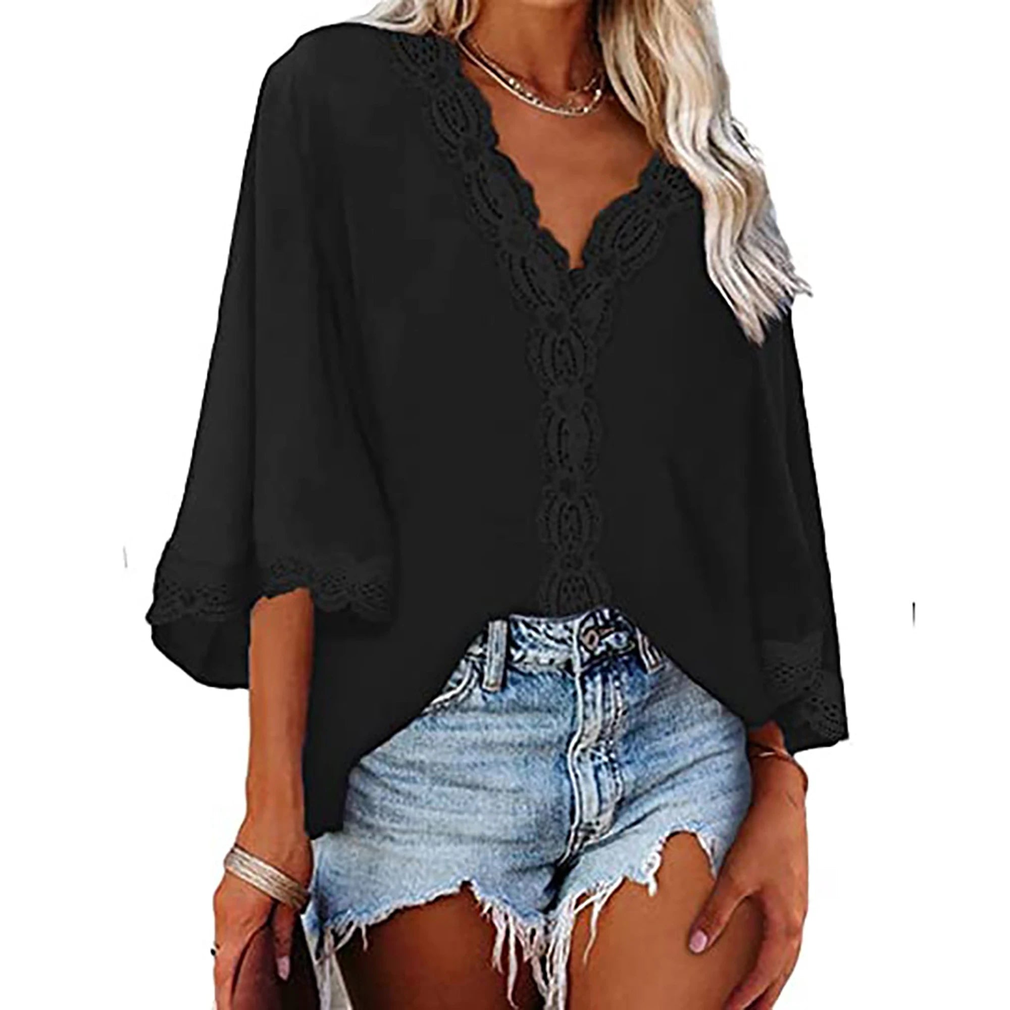 2024 Spring/Summer Flared-Sleeve Lace V-Neck Blouse – European & American-Style Loose Shirt for Women