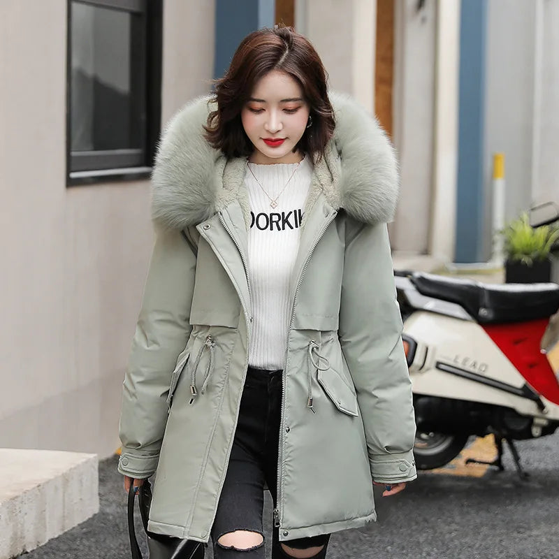 Women's Fine Wool Parka with Hood and Fur Collar, Warm Snowy Quilted Long Coat, Fashion Winter Outerwear 2023