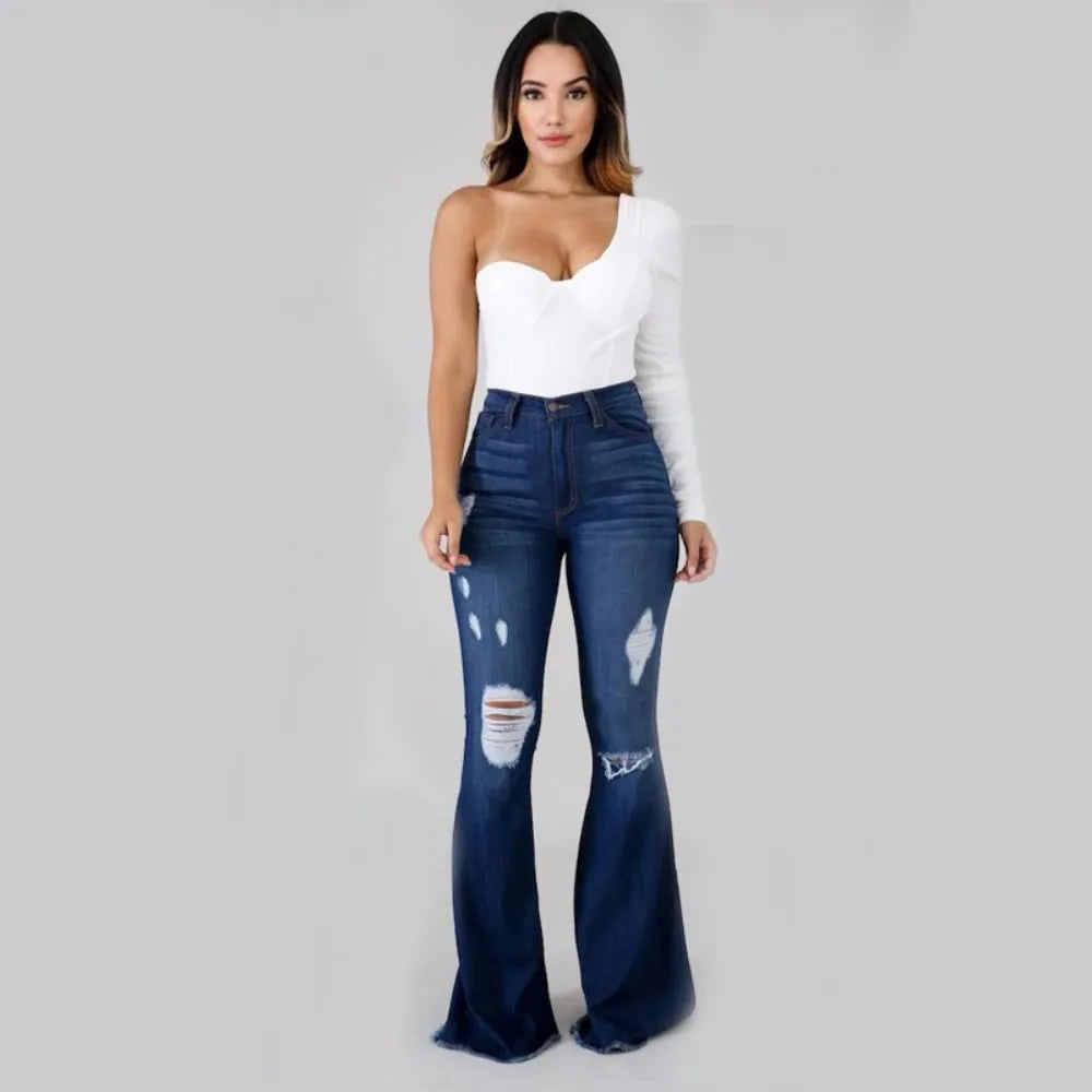 2023 New High Waist Ripped Flared Jeans For Women Fashion Slim Hip Lift Stretch Denim Pants Street Casual Female Trousers S-3XL