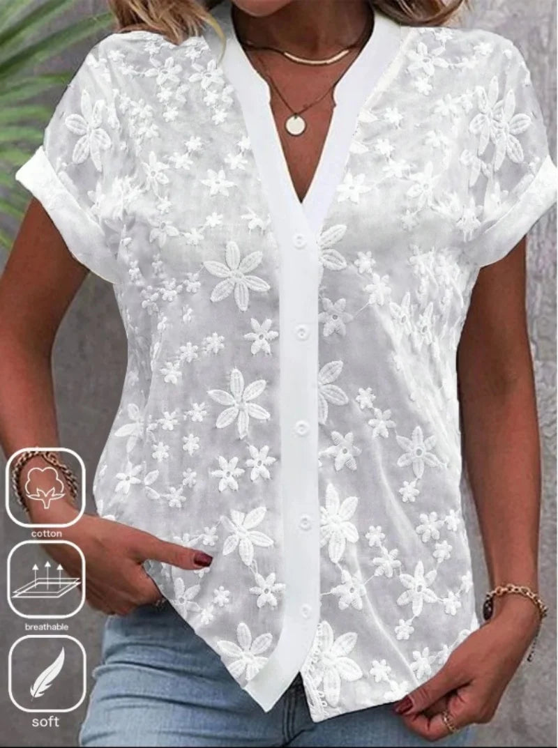 Women's White Cropped Lace Blouse – Eyelet Cut Embroidered Hollow-Out Summer Top