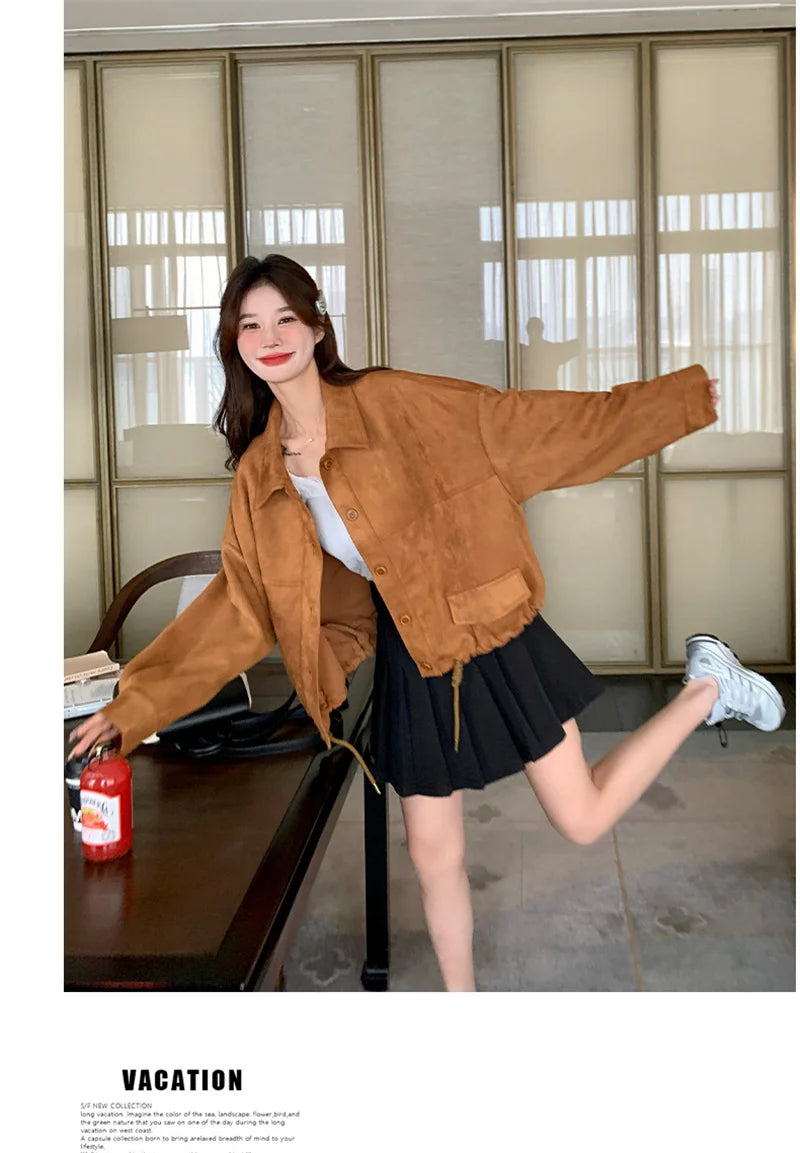 Retro Suede Short Jacket for Women in Spring and Autumn 2024 New Loose Fitting C