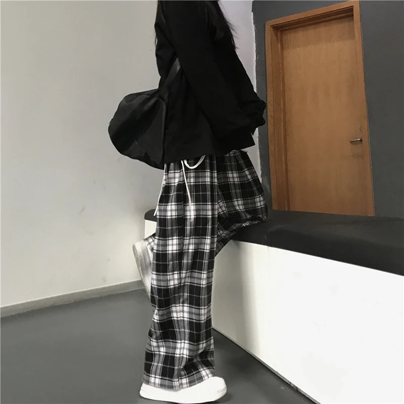 Calça xadrez preta extragrande feminina, calça larga casual, elástico na cint