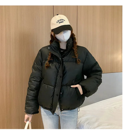 Women's PU Leather Thick Jackets - Warm Short Parkas, Quilted Cotton Black Jacket, Stylish Zipper Design, Winter Fashion 2022