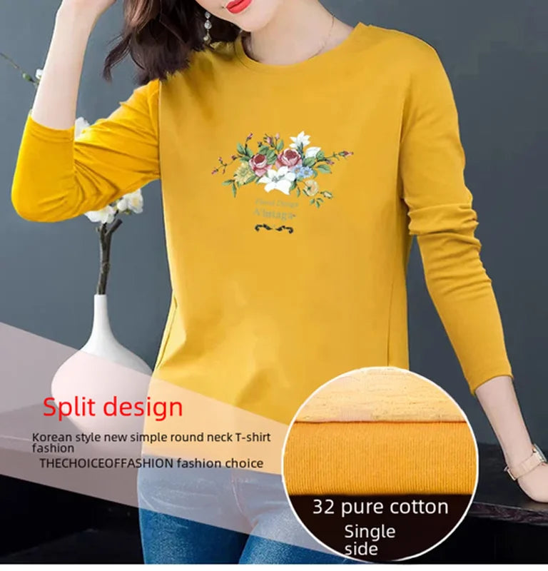 Women's 100% Cotton Long-Sleeve T-Shirt – Slim-Fit Round-Neck Base Layer for Spring & Casual Wear