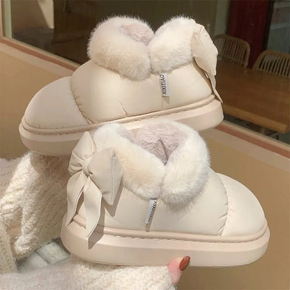 2024 Women's Waterproof Winter Ankle Boots – Cute Bow-Adorned Plush Cotton Lined Snow Boots