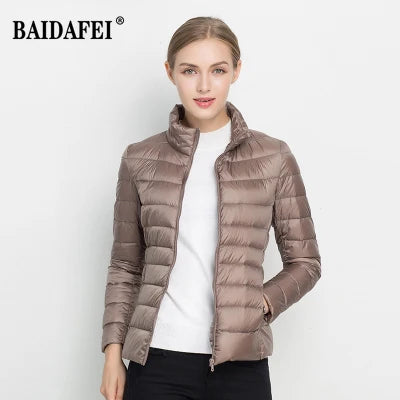 Parka para baixo empacotável feminina, jaqueta puffer empacotável, casaco casu