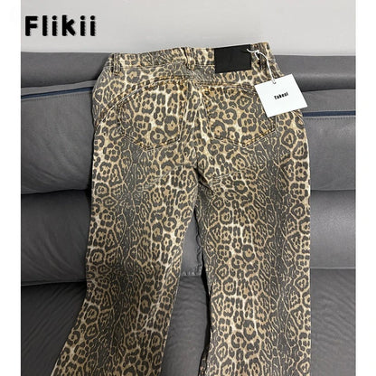 Wide-Leg High-Waisted Leopard Print Retro Jeans for Women, Y2K Oversized Casual Pants, Spring 2024