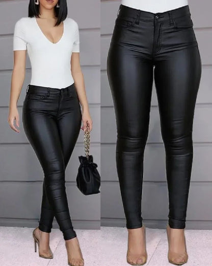 New Women's PU Leather Stretch Bodycon Pants - High-Waist Sexy Black Leggings, Long Casual Pencil Trousers, Plus Sizes XS-4XL