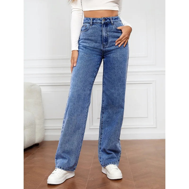 Women’s High-Waisted Straight-Leg Stretch Jeans - Washed Button-Zip Denim, Trendy Spring/Summer 2022 Fashion