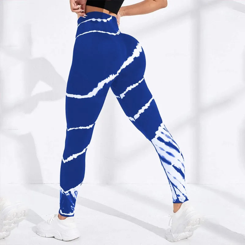 Striped Tie Dye Yoga Leggings Seamless Butt Lift Fitness Leggings High Waist Knit Breathe Gym Workout Running Tights Pants