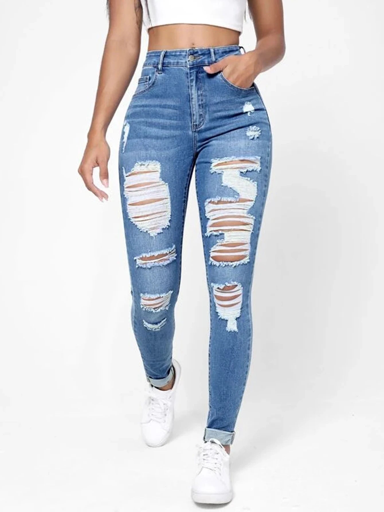 Jeans rasgados com buracos rasgados, jeans skinny casual, calça jeans de cintur