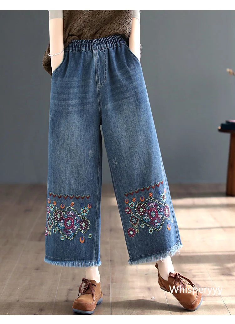 Retro National Style High Waist Embroidered Jeans Female Spring Autumn New Loose Wide-Leg Denim Trousers Women's clothing 2023