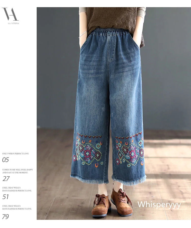 Retro National Style High Waist Embroidered Jeans Female Spring Autumn New Loose Wide-Leg Denim Trousers Women's clothing 2023