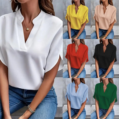 Elegant Summer Women's V-Neck Blouse – New Short-Sleeve Loose Solid White Top for Office & Casual Wear