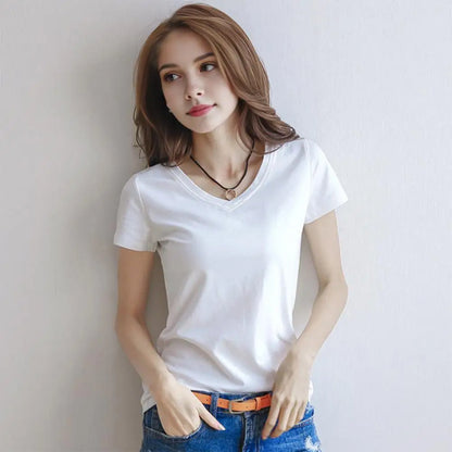 Women's Slim Fit V-Neck T-Shirt – Stretchy Solid Pullover Top for Effortless Streetwear