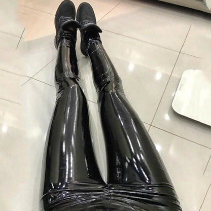 Women's High-Waist PU Leather Open Crotch Leggings - Sexy Skinny Pencil Pants